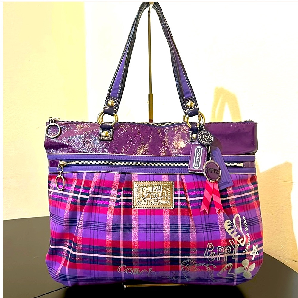 Coach Poppy Tartan Plaid Purple &/Black Shoulder Handbag